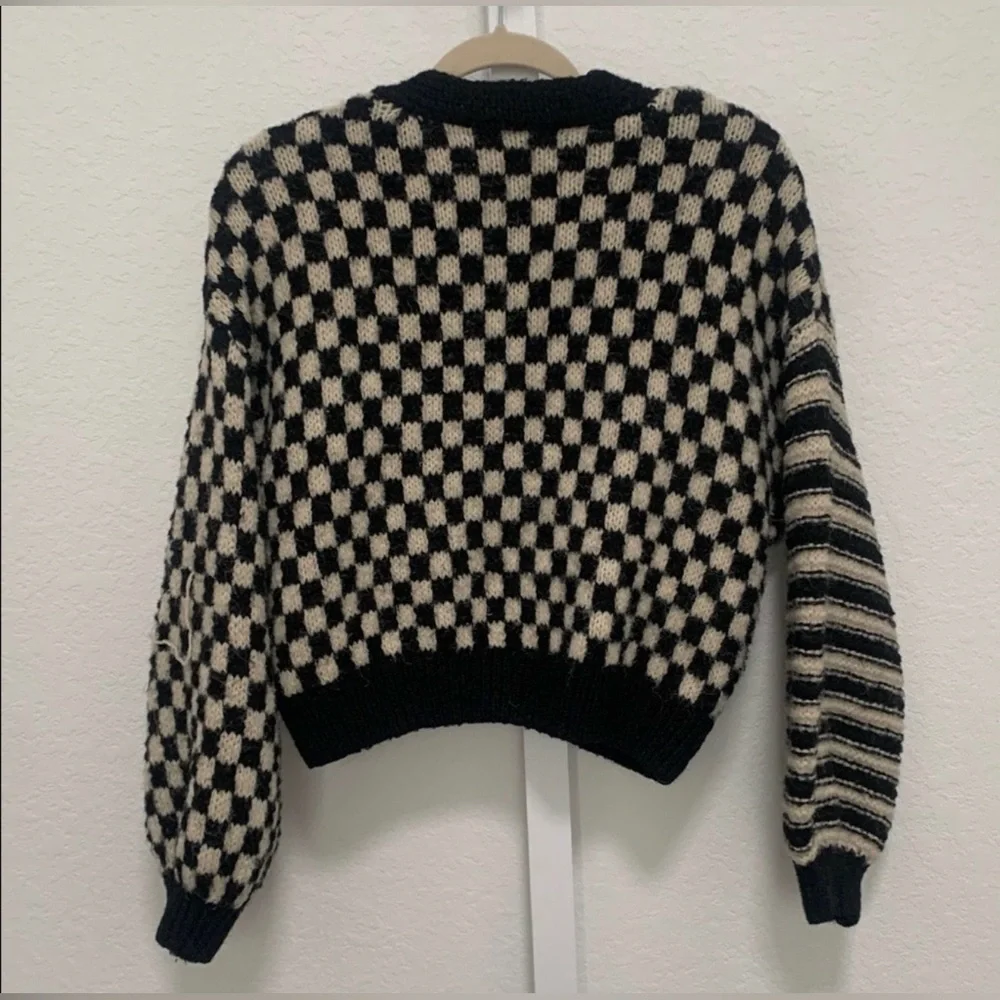 Altar’d State Claudia Checkered Cardigan Sweater Black & Cream Balloon Sleeve - Picture 9 of 13